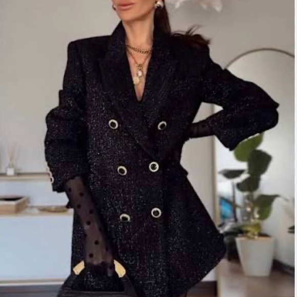 Zara Jackets & Blazers - Zara Black Double-Breasted Sparkle Blazer Jacket